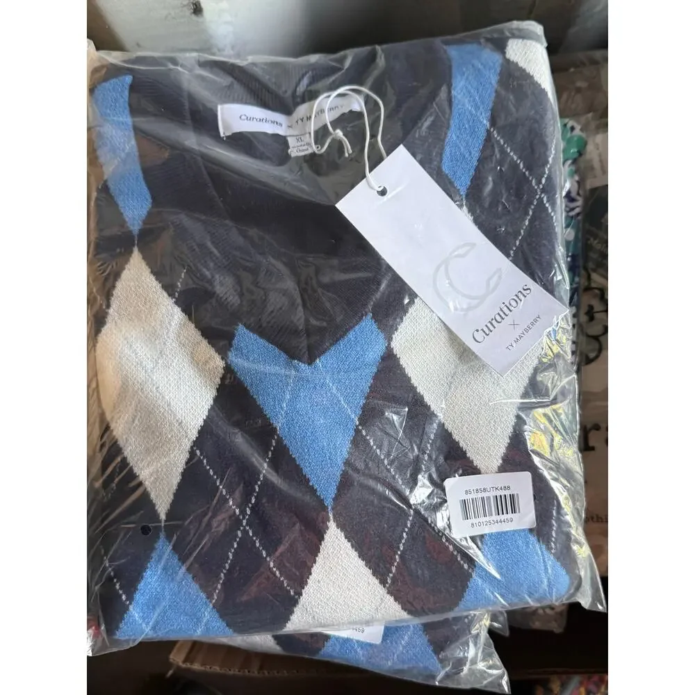 Curations x Ty Mayberry Blue V Neck Argyle Sweater XL NWT 003